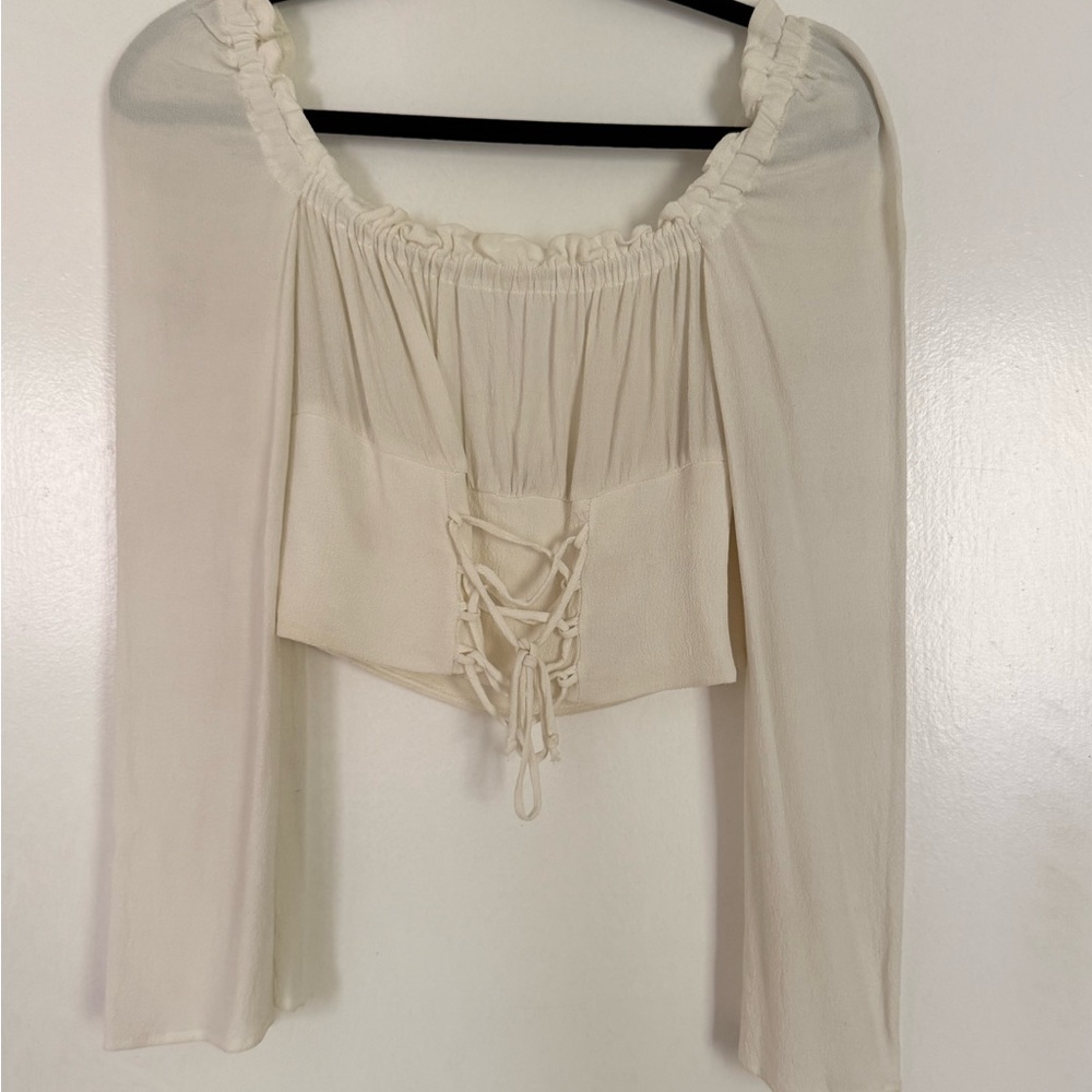 Flynn Skye Cream Off-Shoulder Lace-Up Top